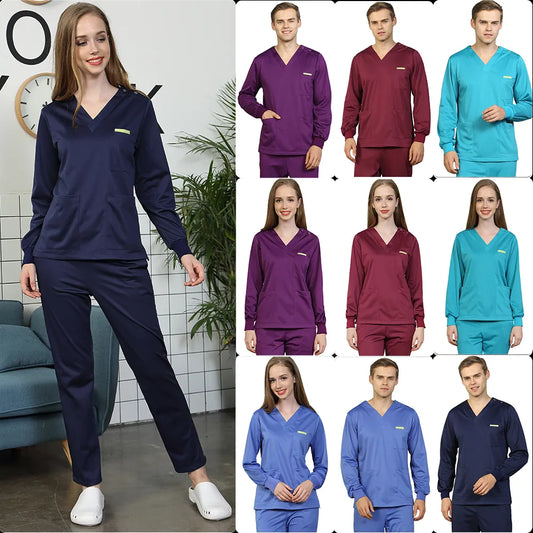 Women Men Silky Scrub Uniform Nursing Workwear Solid Color Scrubs